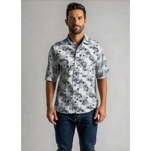 Bugle Boy Co Men's Button-Up Floral Hawaiian Camp Shirt‎ Size Med White Blue VTG